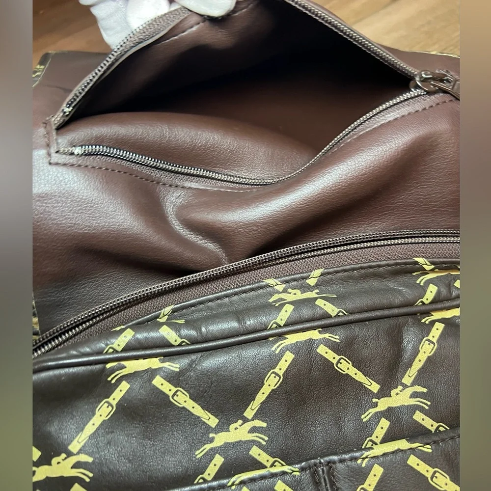 Longchamp Shoulder Bag Leather Dark Brown Horse Pattern